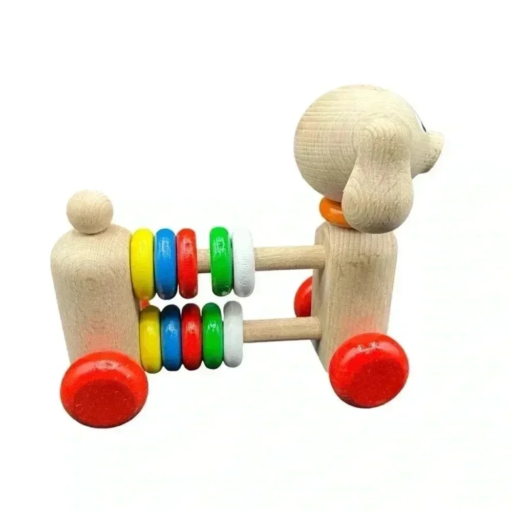 WOODEN ABACUS DOGGIE PUSH TOY TOXIC FREE PAINT HANDMADE LEARNING COUNTING TOOL